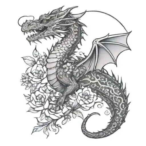 Dragon Surronded By Flowers And Half Moon