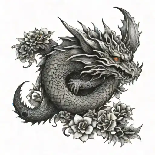 European Dragon Surronded By Flowers And Half Moon