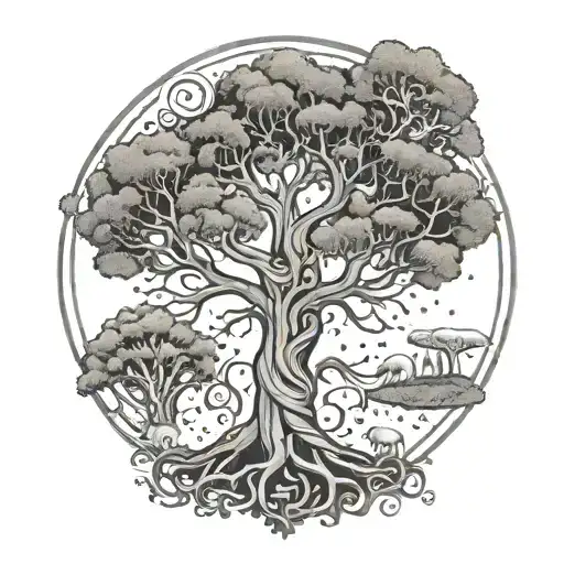 An Intricate Tree Of Life Design Incorporating Various Animals And Fungi