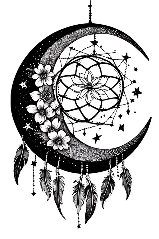 Crescent Moon Dreamcatcher Stars Flowers Feathers