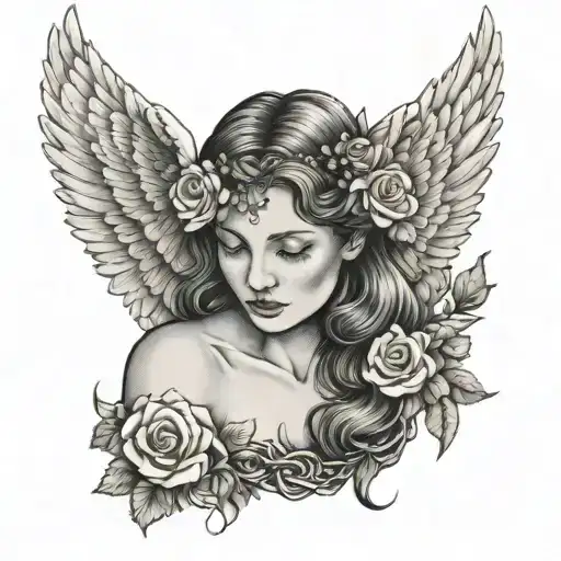 Angel Wings Woman With Tear Holding Roses And Wreath Entwined With Chain