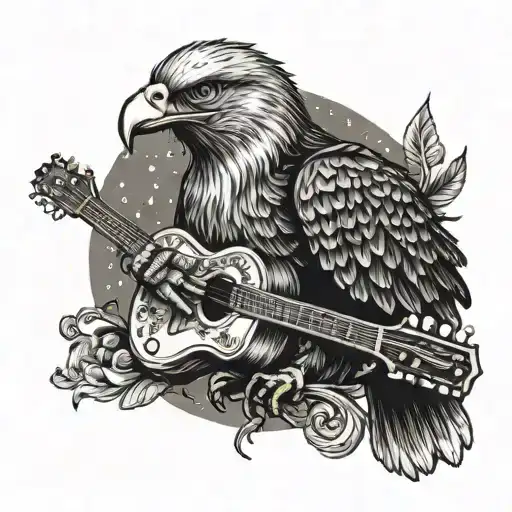 An Eagle Perched On A Crescent Moon Playing A Guitar