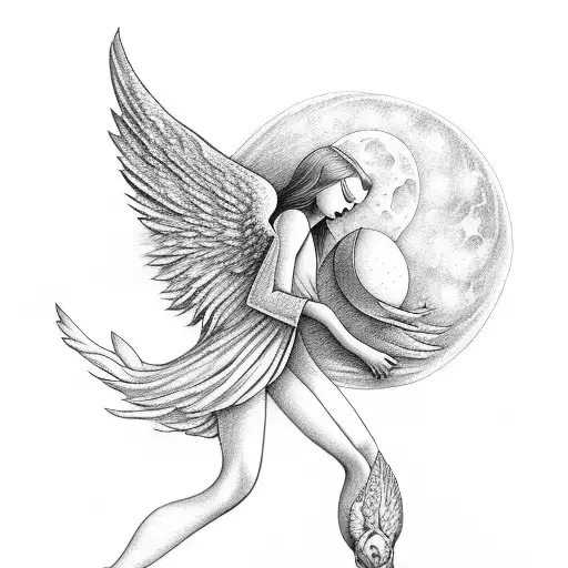 Angel With Big Wings Carries The Moon With His Legs