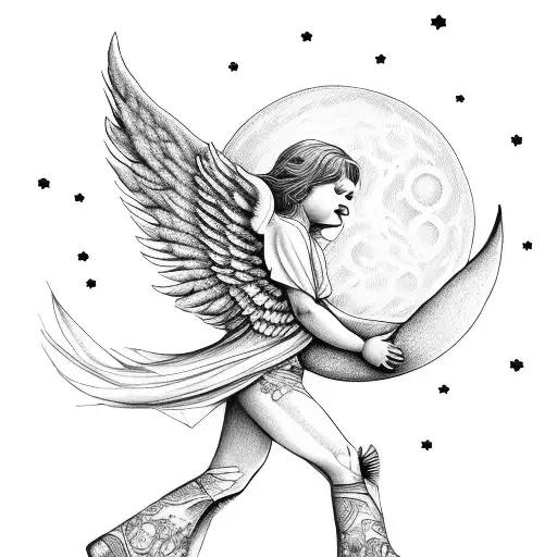 Angel With Big Wings Carries The Moon With His Legs