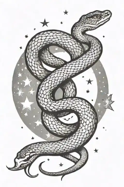 Snake And Moon Surrounded By Stars