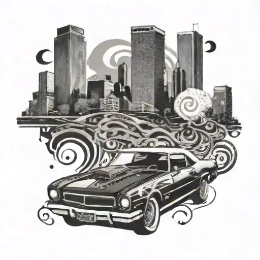 A Sleek Car Driving Through A Cityscape With Rap Lyrics Swirling Around It