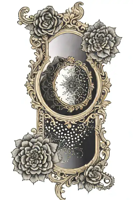 A Gold Framed Mirror With Black Reflection