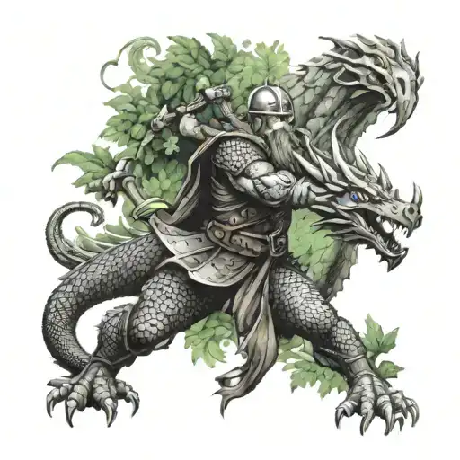 A Fierce Viking Warrior Battling A Dragon In A Lush Forest Setting