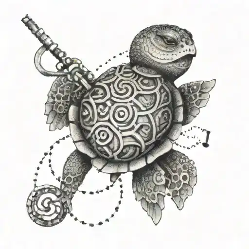 A Turtle Wearing A Necklace Made Of Music Notes And Ski Poles