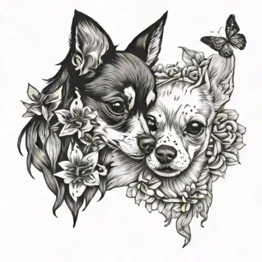 Deer Head Chihuahua Dog With A Toy Spaniel Dog Playing With Red Lily Flowers With Butterflies