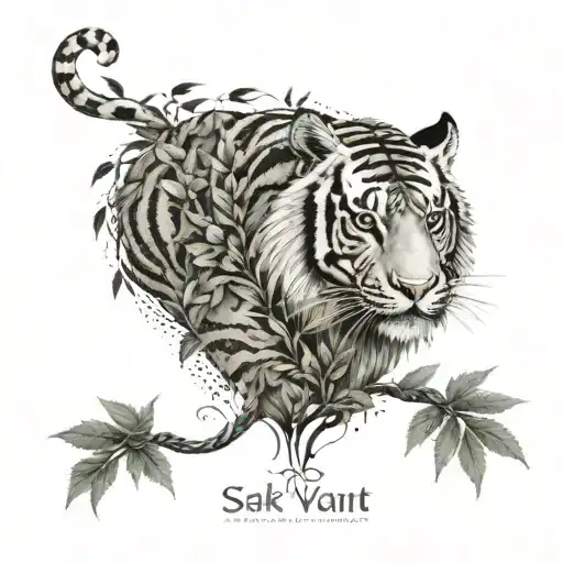 Sak Yant Tiger And Snake Watching Horse In Cannabis Leaves