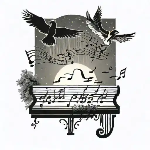 A Sheet Of Music Notes Transforming Into Birds Flying Into A Sunset Horizon