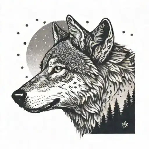 A Lone Wolf Howling At The Night Sky Line Tattoo Depicting