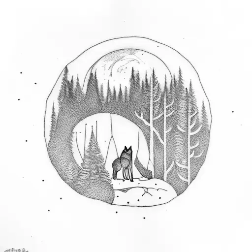 A Forest Scene With A Lonely Wolf And A Full Moon