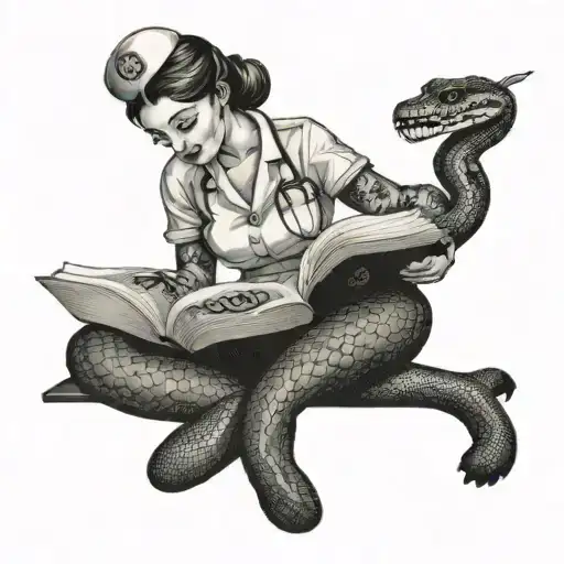 A Nurse Reading A Book With A Snake Slithering Nearby