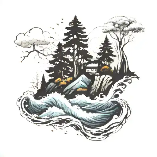 An Anime-inspired Seaside Scene With Waves Crashing And A Mystical Forest In The Background