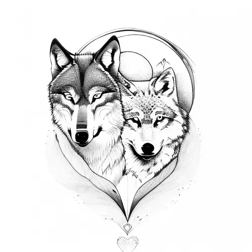 Wolf And Deer With Heart Shaped Moon