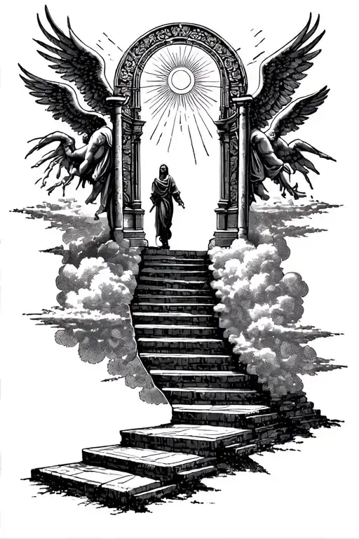 Stairway To Heaven Walking Up Stairs Angels Sun Rays Clouds Heaven Gate At The Top Of The Stair