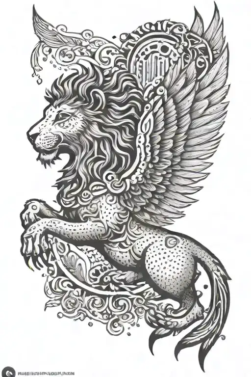 Create A Tattoo Design Featuring The Ancient Persian Symbol Of Faravahar With A Lion Silhouette