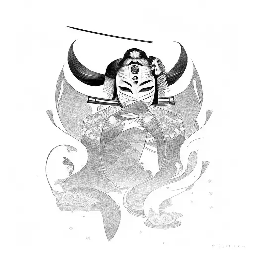 Geisha With Long Black Hair With Oni Mask And Katana