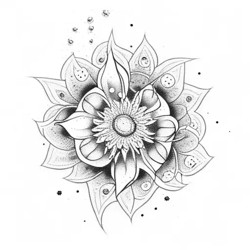 A Dotwork Tattoo Of A Red Flower Surrounded By Falling Black Snowflakes