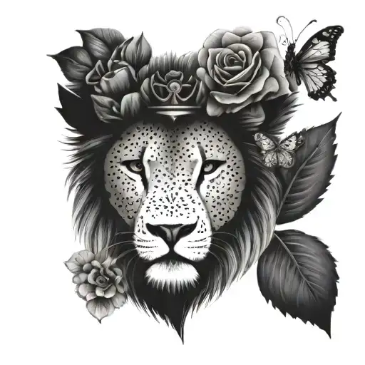 A Lion With A Crown Made Of Flowers And Butterfly Wings