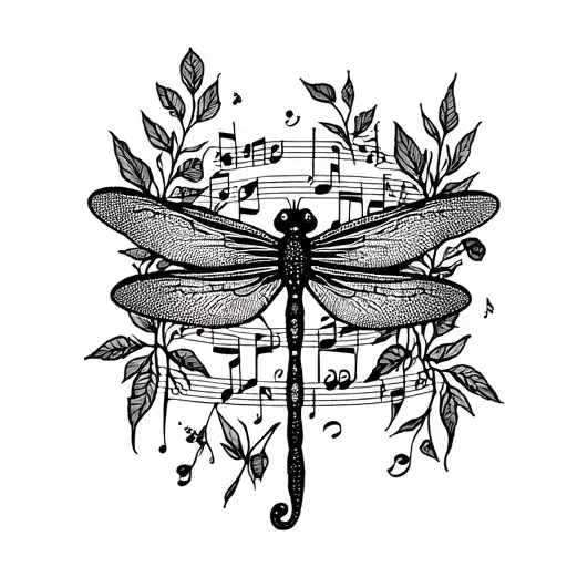 A Minimalist Design Of A Dragonfly Perched On A Music Note With Nature Elements