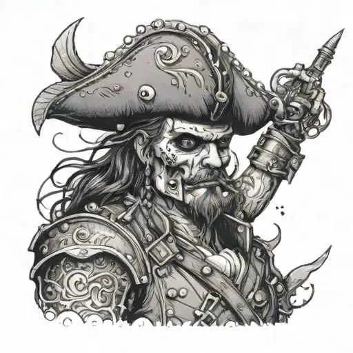 A Fearsome Pirate Captain With A Cybernetic Arm Adorned With Shark Teeth And Punk-inspired