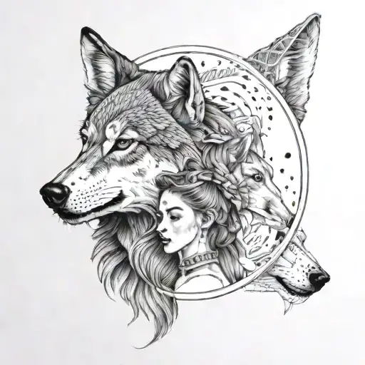 Girl Holding Mirror And Wolf Staring Back