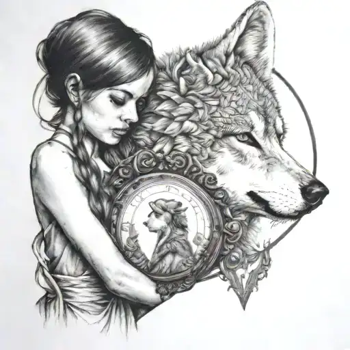 Girl Holding Mirror And Wolf Staring Back