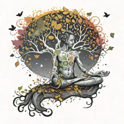 A Whimsical Scene Of A Meditating Figure Painting Colorful Leaves On A Tree Of Life