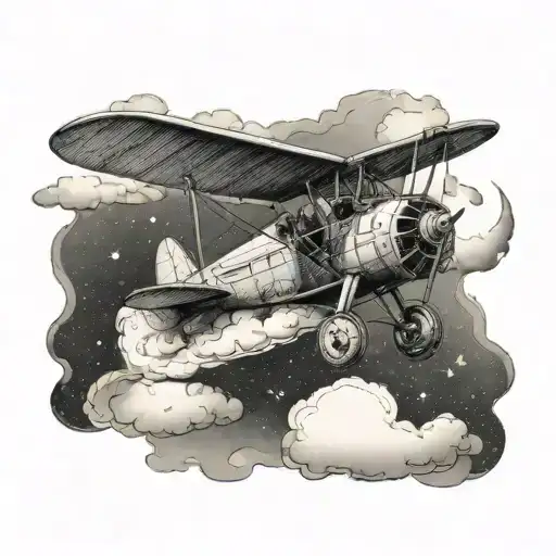 A Fantasy-themed Tattoo Depicting A Mythical Creature Riding A Vintage Airplane Through The Clouds