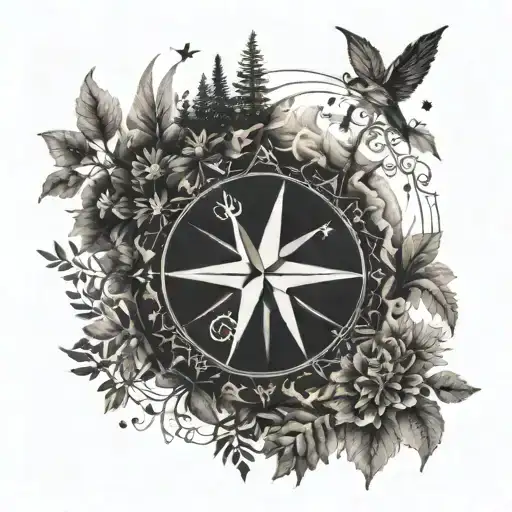 A Dotwork Tattoo Of A Compass Rose Surrounded By Forest Animals And Foliage