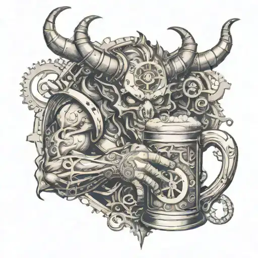 An Intricate Tattoo Of A Demon Holding A Beer Mug With Gears And Machinery In The Background