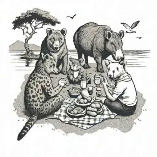 A Beach Picnic With A Family Of Animals Enjoying A Meal Together