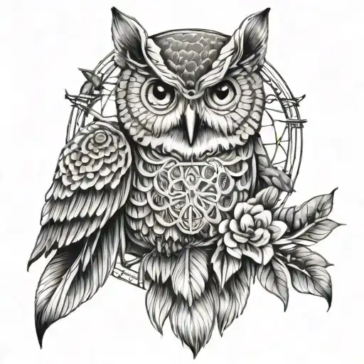 An Owl And French Bulldog In A Dreamcatcher Design With Intricate Patterns