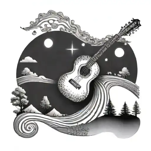 A Dotwork Design Of A Guitar Neck Turning Into A Winding Road Leading Through Different Landscapes
