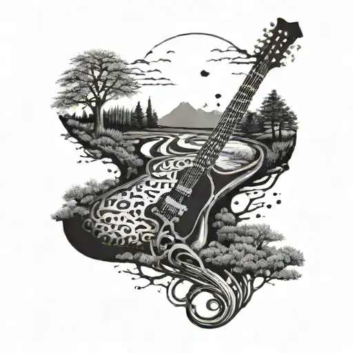 A Dotwork Design Of A Guitar Neck Turning Into A Winding Road Leading Through Different Landscapes