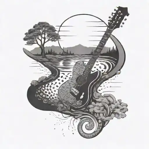 A Dotwork Design Of A Guitar Neck Turning Into A Winding Road Leading Through Different Landscapes