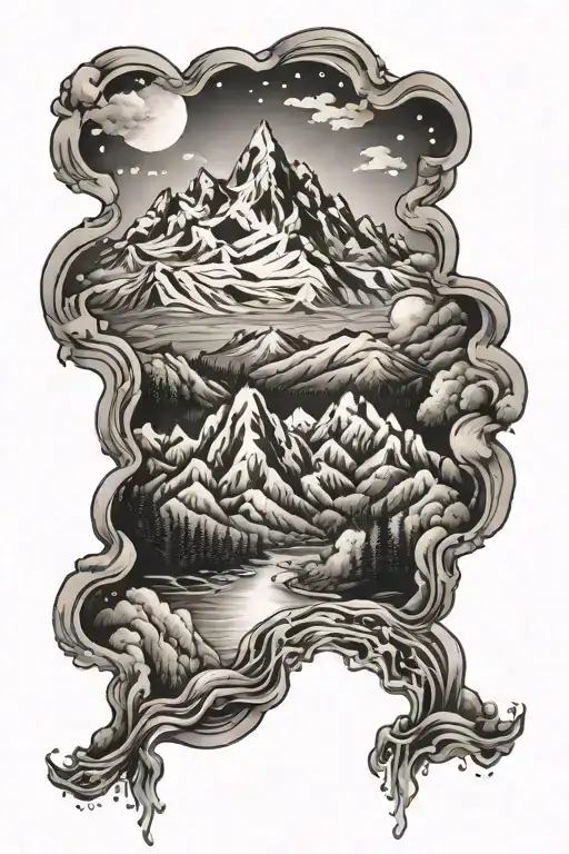A Realistic Tattoo Of A Majestic Mountain Range With A Flowing River Winding Through It