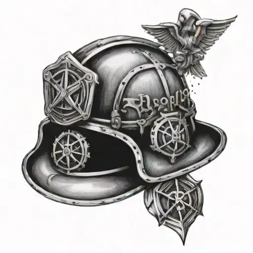 Create A Dotwork Tattoo Of A Firefighter Helmet With Masonic Symbols Intertwined