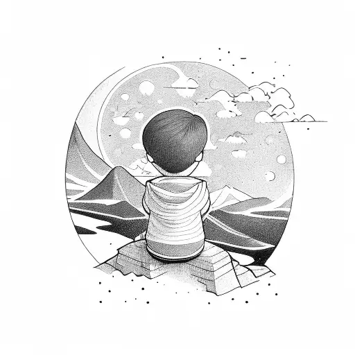 A Little Sad Boy Sits On The Edge Of A Mountain Looking Up At The Sky