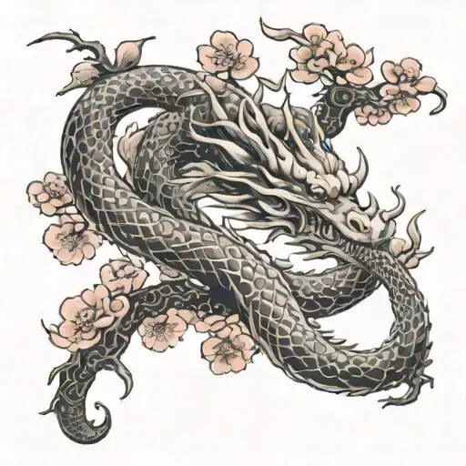 A Mystical Dragon Coiling Around A Traditional Japanese Cherry Blossom Tree