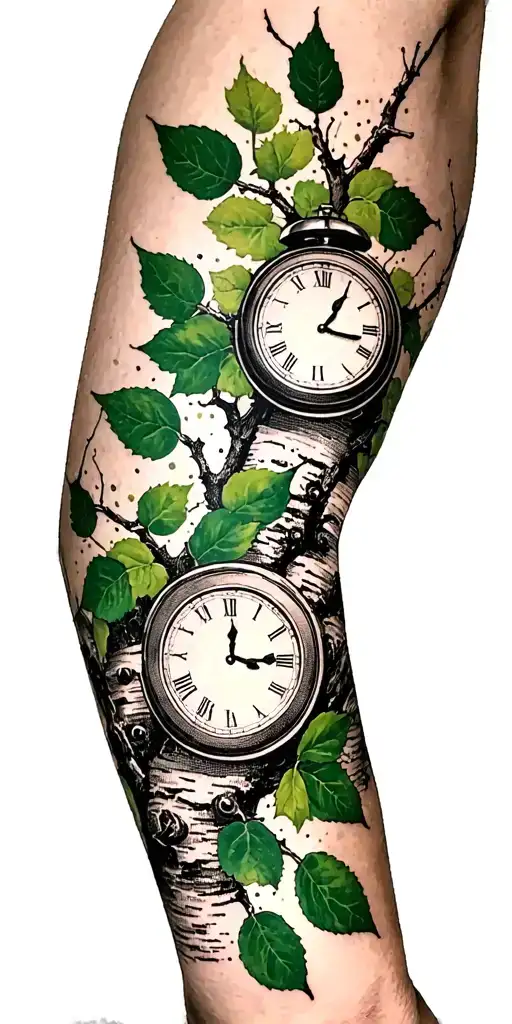 Birch Branches With Hunter Green Leaves With Only Three Clocks Integrated Into It For An Arm Sleeve