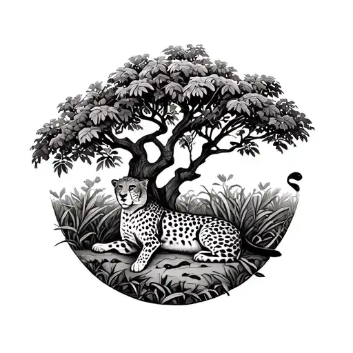 A Detailed Tattoo Of A Cheetah Resting Under A Tree In The Jungle