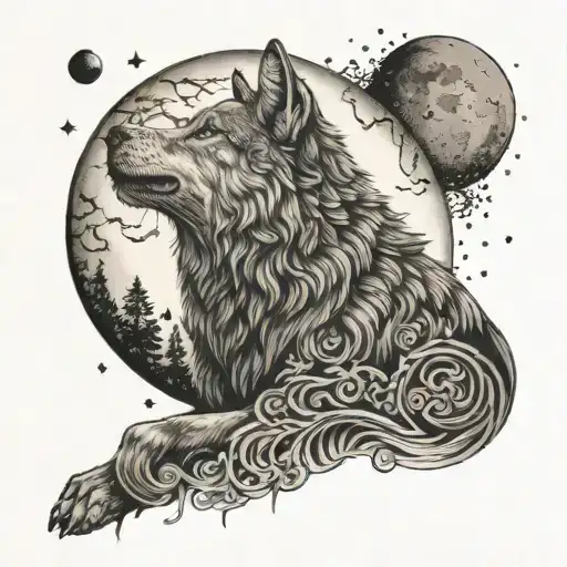 An Intricate Design Of A Wolf Howling At The Moon With Hidden Christian Symbols Incorporated