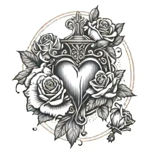 Design A Dotwork Tattoo Of A Sacred Heart Surrounded By Roses And A Rosary