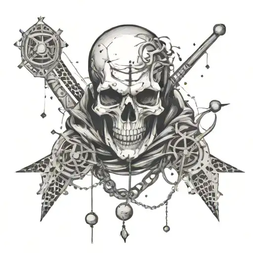 Skull Wearing A Straight Jacket Surrounded By Chaos Symbols