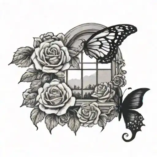 A Dotwork Tattoo Of A Window With Roses And Black Butterflies Flying Around It