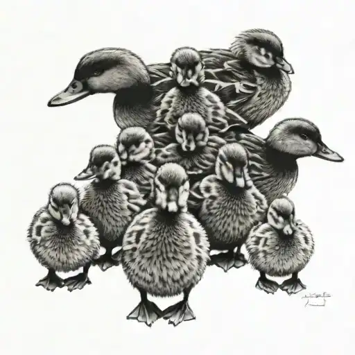 A Dotwork Tattoo Of 7 Ducklings Following Their Mother In A Line